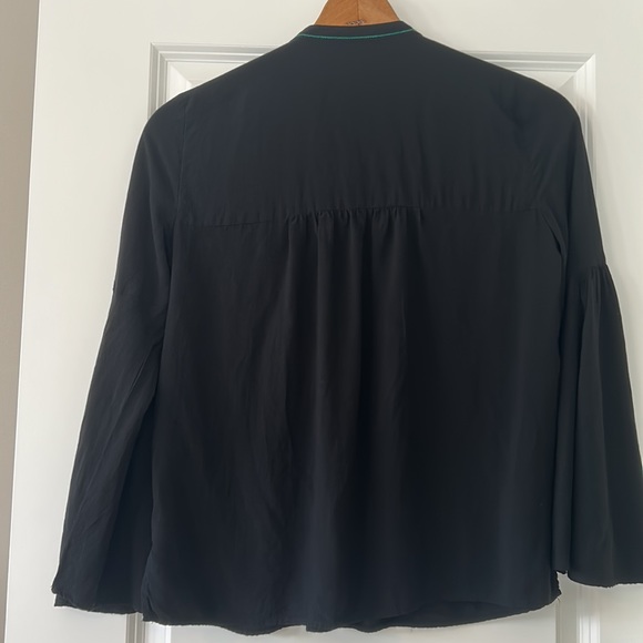 LOFT Embroidered Boho Peasant Blouse w Bell Sleeves. Black Rayon - Picture 5 of 8